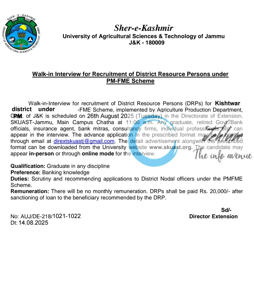 Sher-e-Kashmir University SKUAST Jammu Kishtwar District Resource Person PM-FME Scheme Recruitment Notification 2025