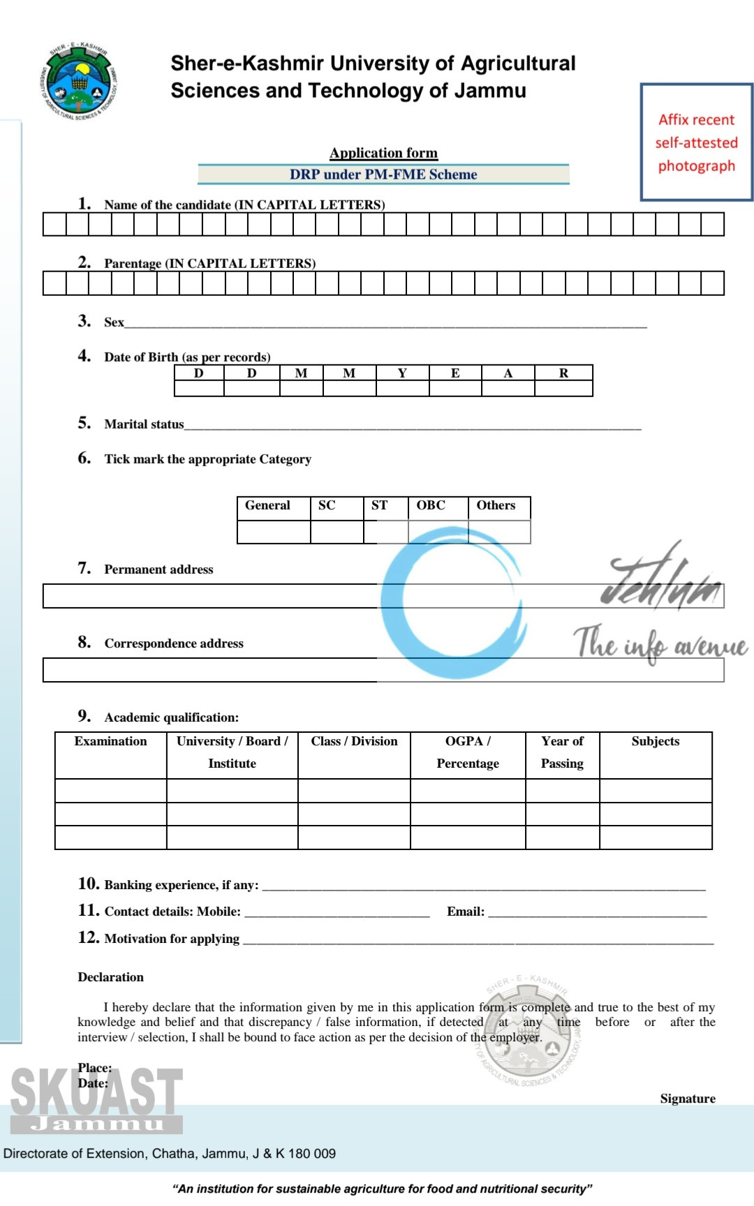 Sher-e-Kashmir University SKUAST Jammu Kishtwar District Resource Person PM-FME Scheme Recruitment Notification 2025