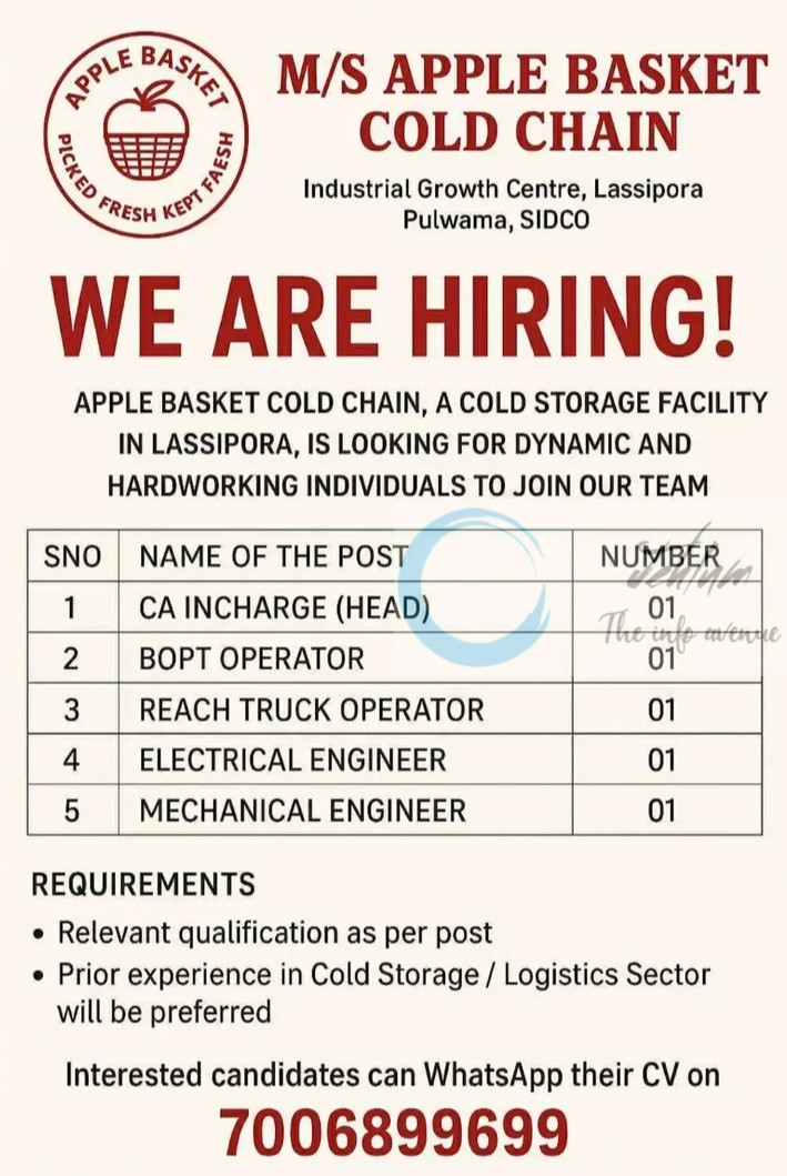 Apple Basket Cold Chain Pulwama Hiring CA Incharge Electrical Engineer Mechanical Engineer Urgent Opportunities 2025