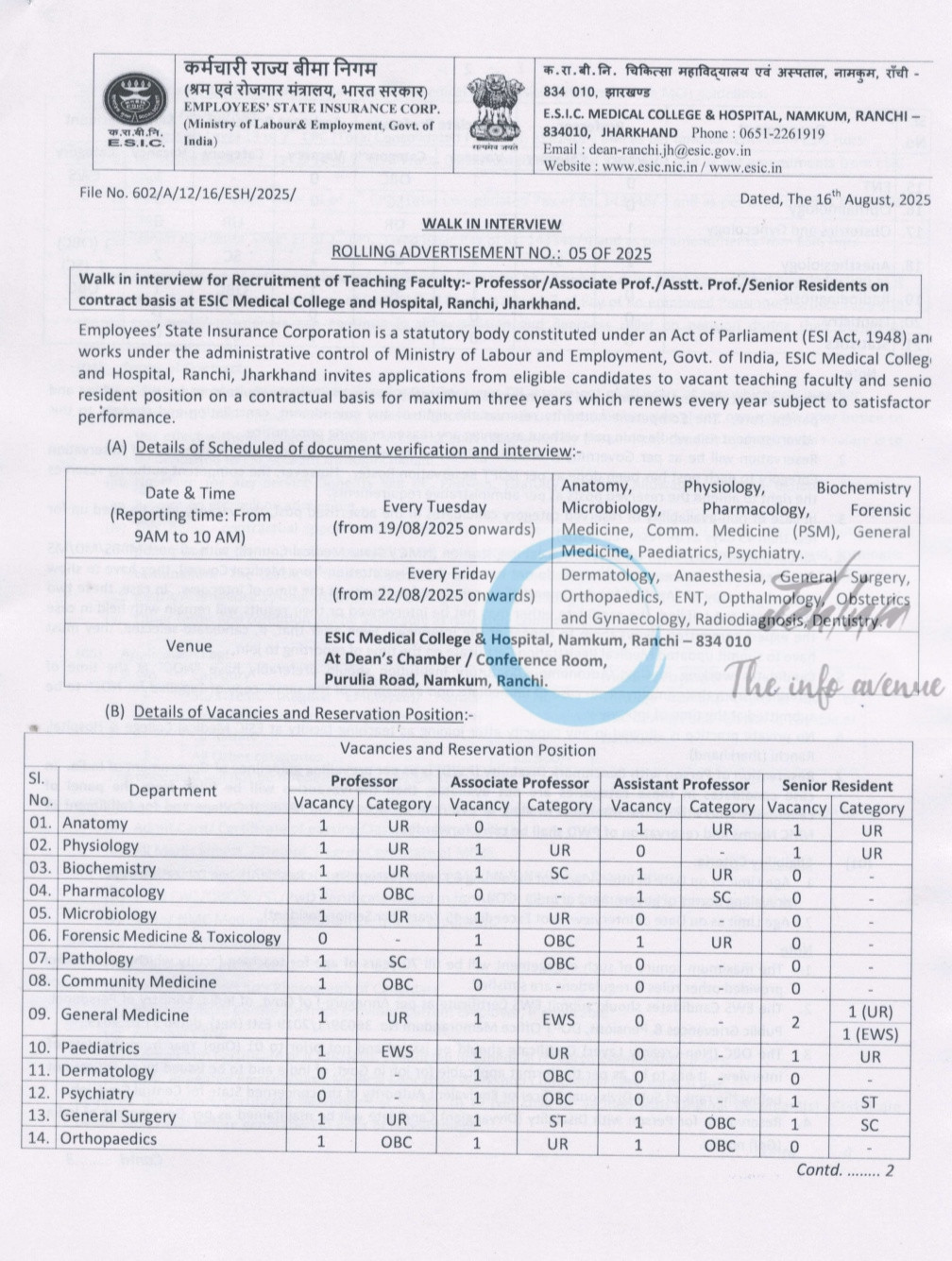 ESIC Medical College Hospital Ranchi ESIC Exciting Faculty and Senior Resident Jobs Rolling Advertisement 05 OF 2025