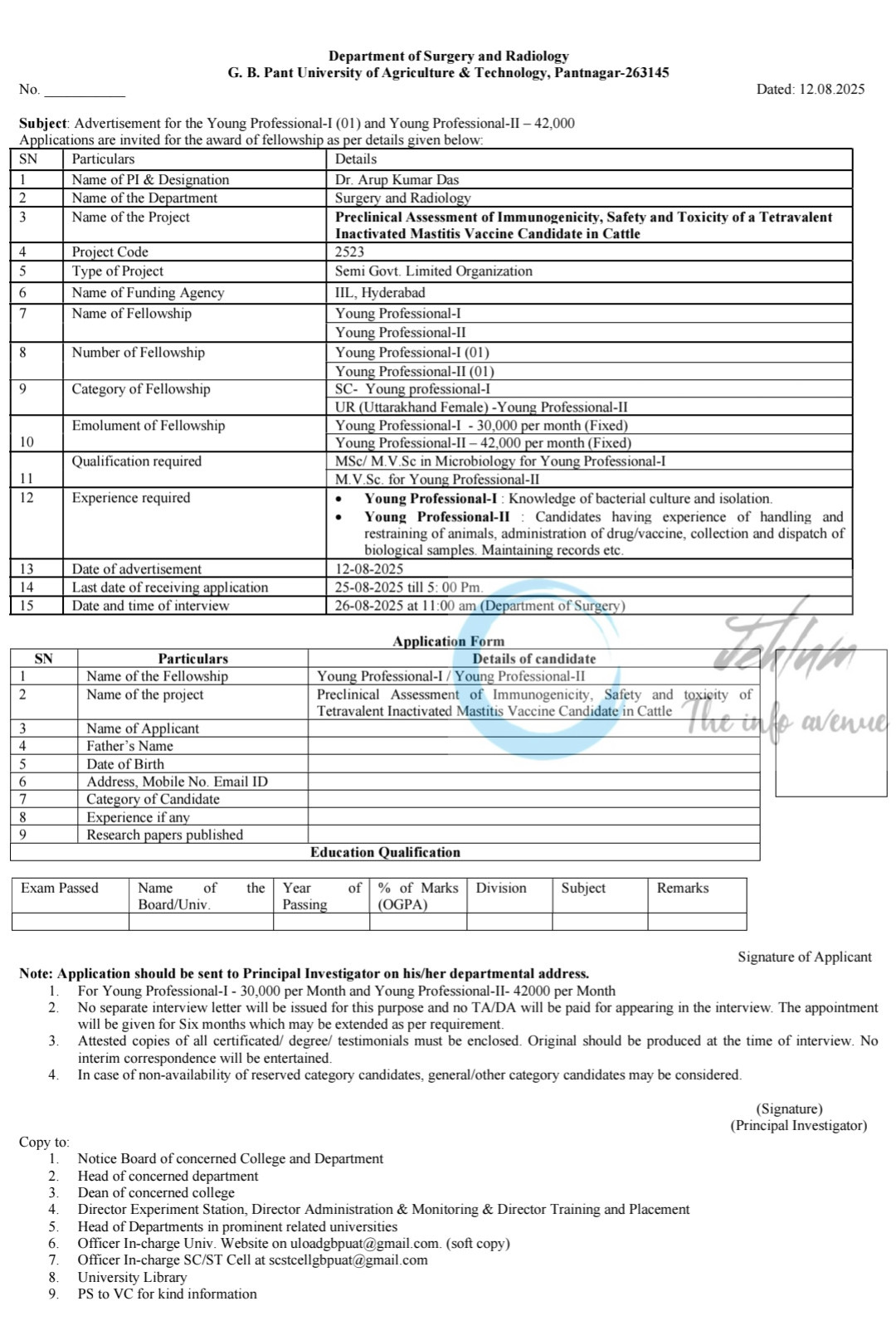 G B Pant University of Agriculture & Technology GBPUAT Pantnagar Young Professional I II Recruitment Advertisement 2025 Career Opportunity