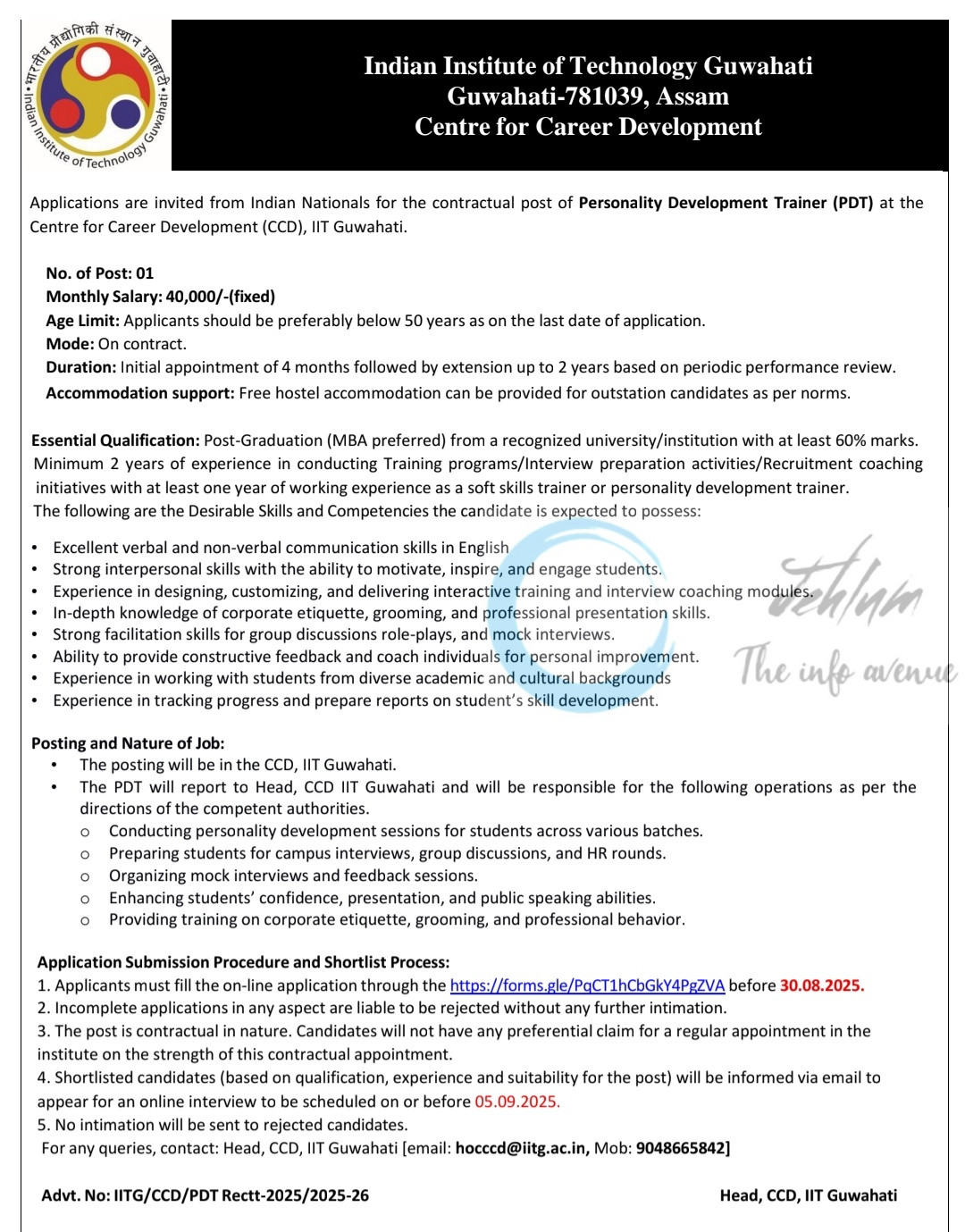 Indian Institute of Technology Guwahati IITG Personality Development Trainer Post Recruitment Notification Advt No IITG/CCD/PDT Rectt-2025/2025-26 Opportunity 2025