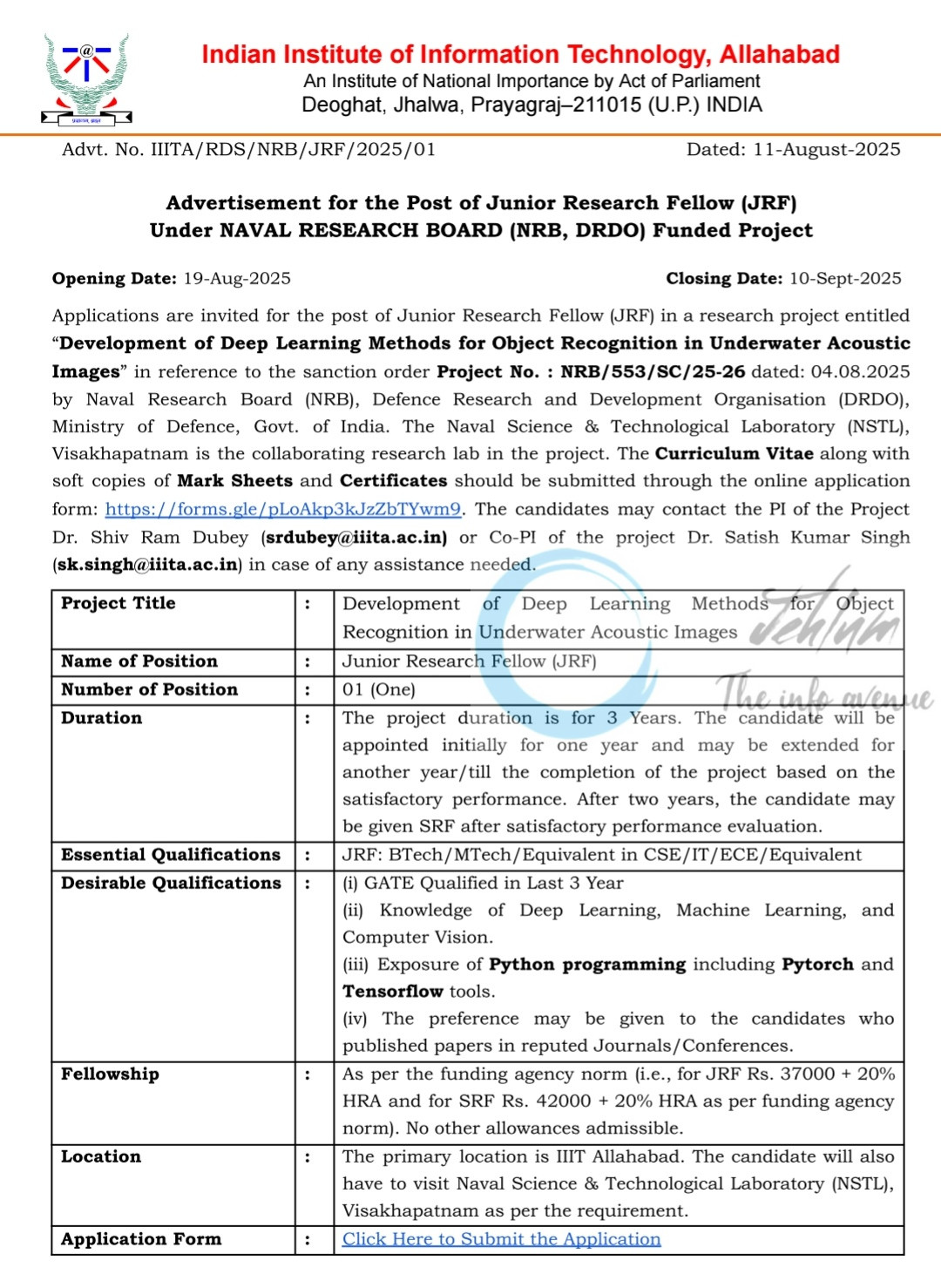 IIIT Allahabad JRF Recruitment Advt No IIITA/RDS/NRB/JRF/2025/01 Deep Learning Opportunity 2025