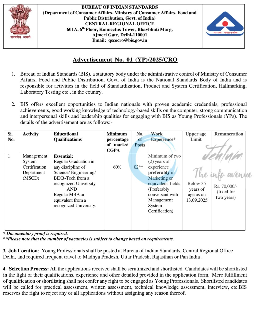Bureau of Indian Standards BIS MSCD Young Professional Recruitment Delhi 2025 Advertisement No 01