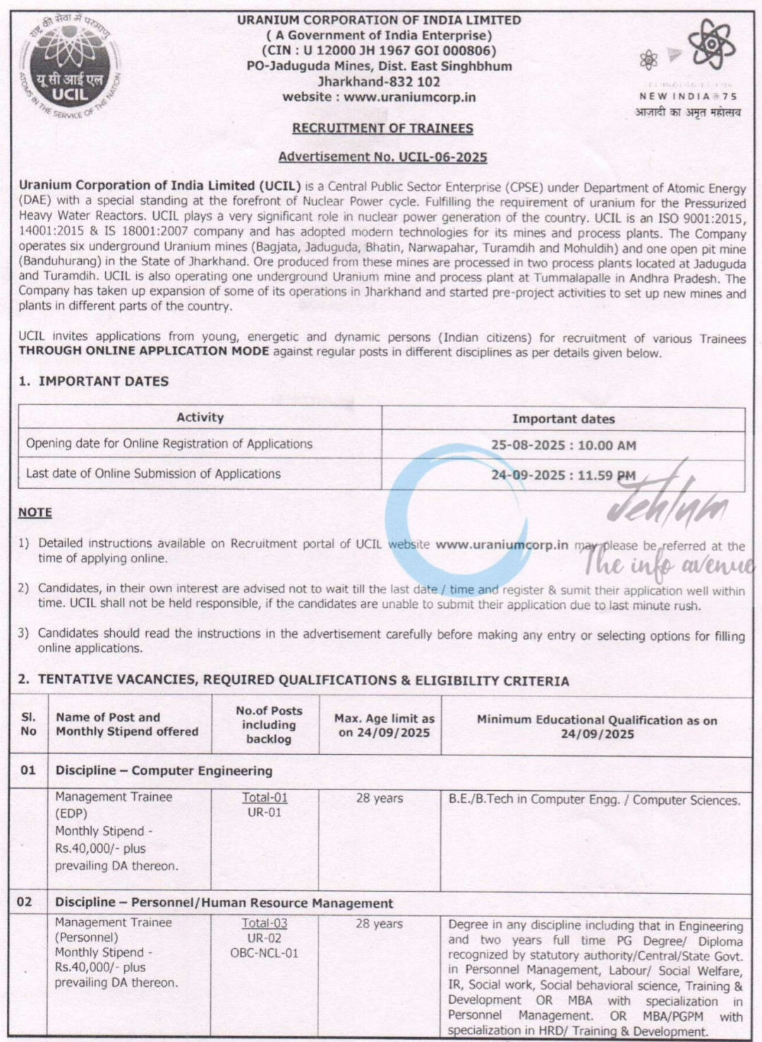 UCIL Recruitment - Trainee Posts in Engineering Management and Technical Disciplines Advt No UCIL-06/2025