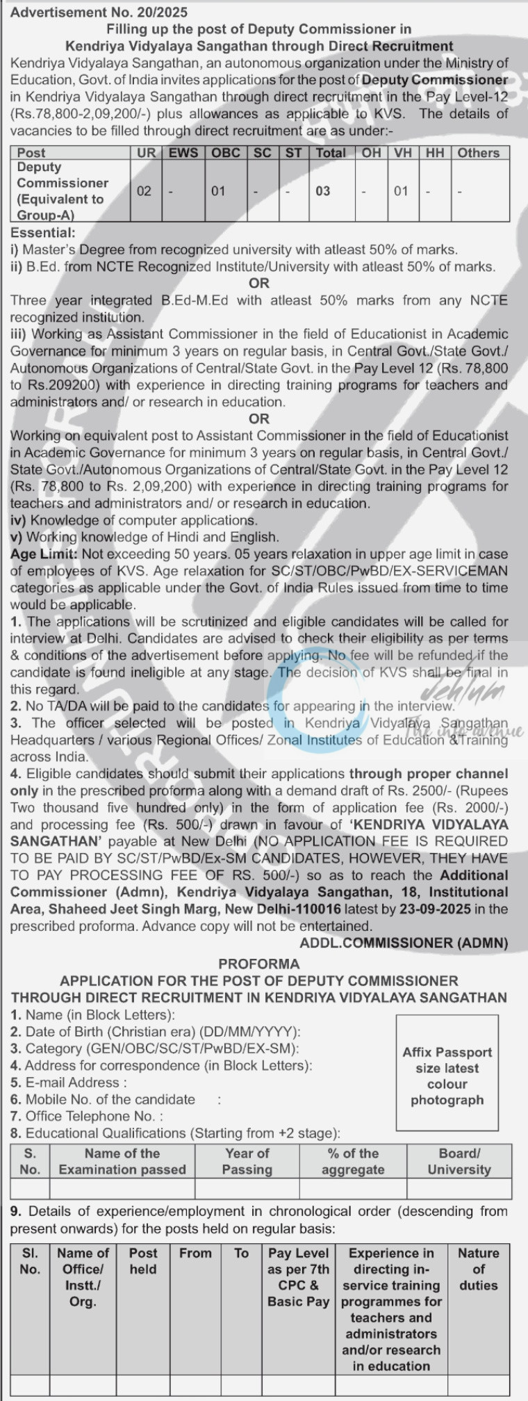 Kendriya Vidyalaya Sangathan KVS New Delhi Deputy Commissioner Direct Recruitment Advertisement No 20/2025