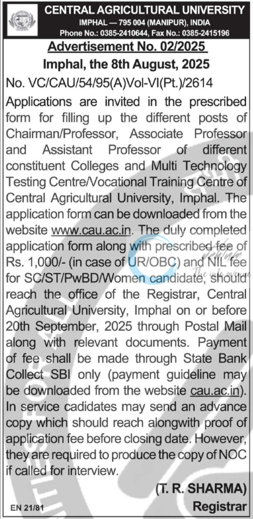 CENTRAL AGRICULTURAL UNIVERSITY CAU Associate/Assistant Professor Vacancy Opportunity Advertisement No 02/2025
