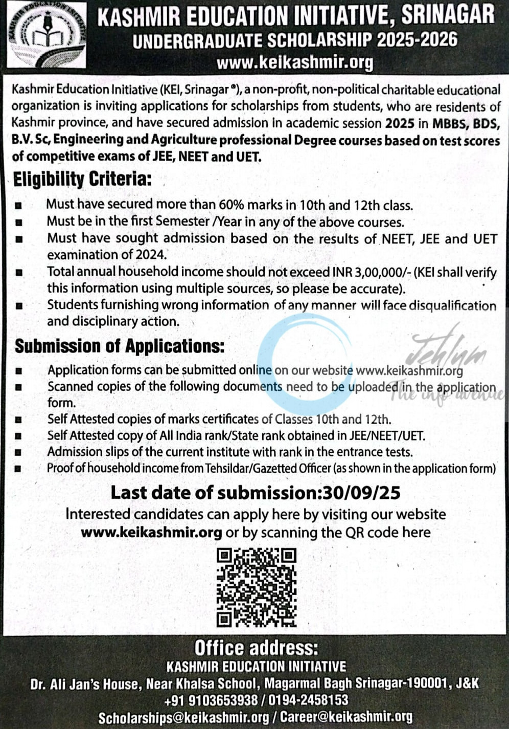 Kashmir Education Initiative KEI Srinagar Undergraduate Professional Scholarship Notice 2025