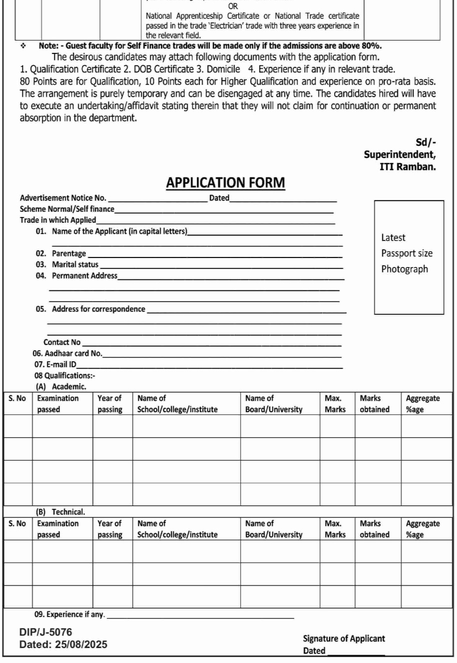 Govt ITI Ramban Guest Faculty Jobs Fresh Posts Application Form 2025