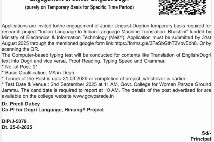 Govt College for Women Jammu Junior Linguist Dogri Walk-in Opportunity 2025