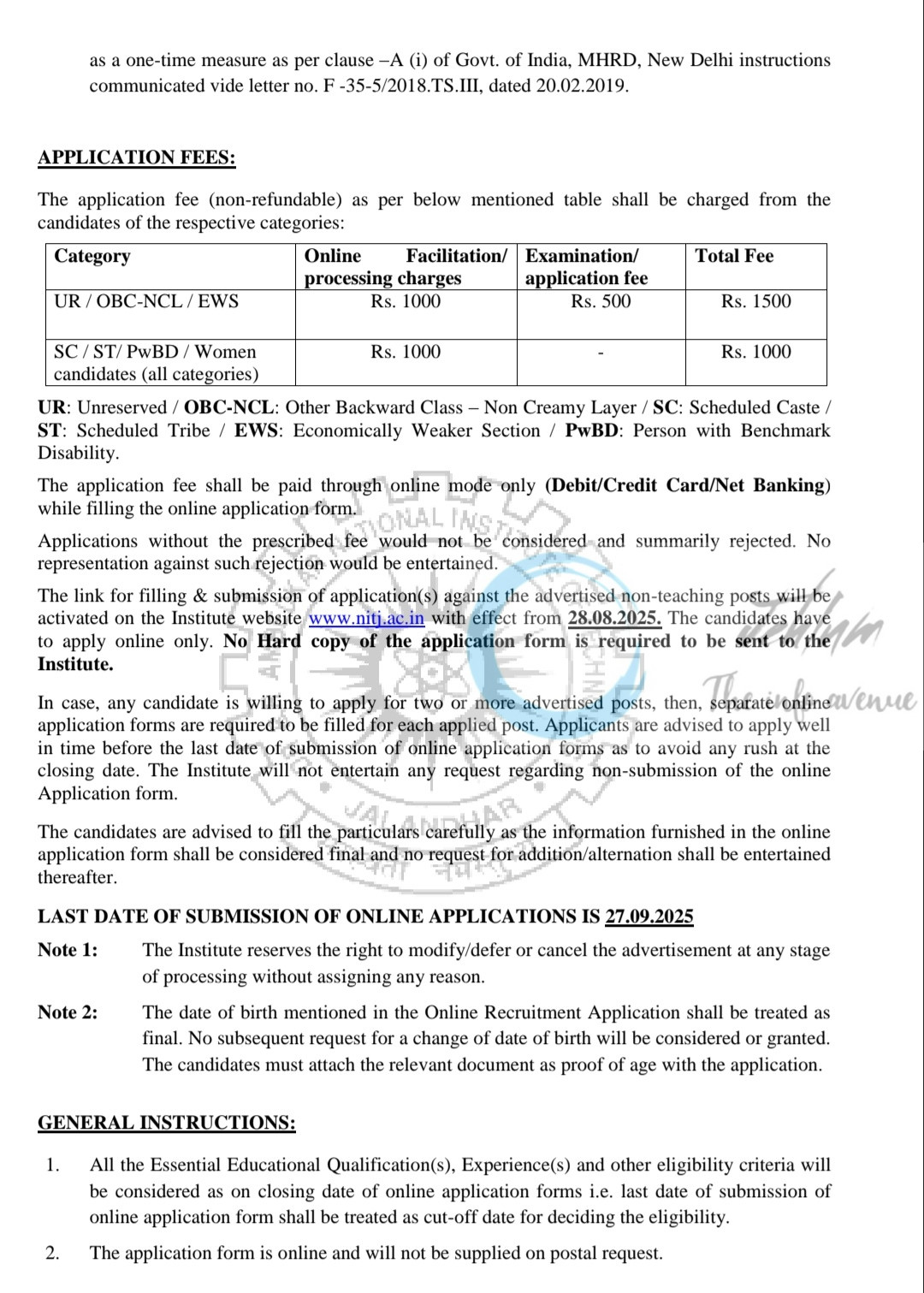 NIT Jalandhar Non-Faculty Posts Recruitment Notification 01/2025 to 12/2025