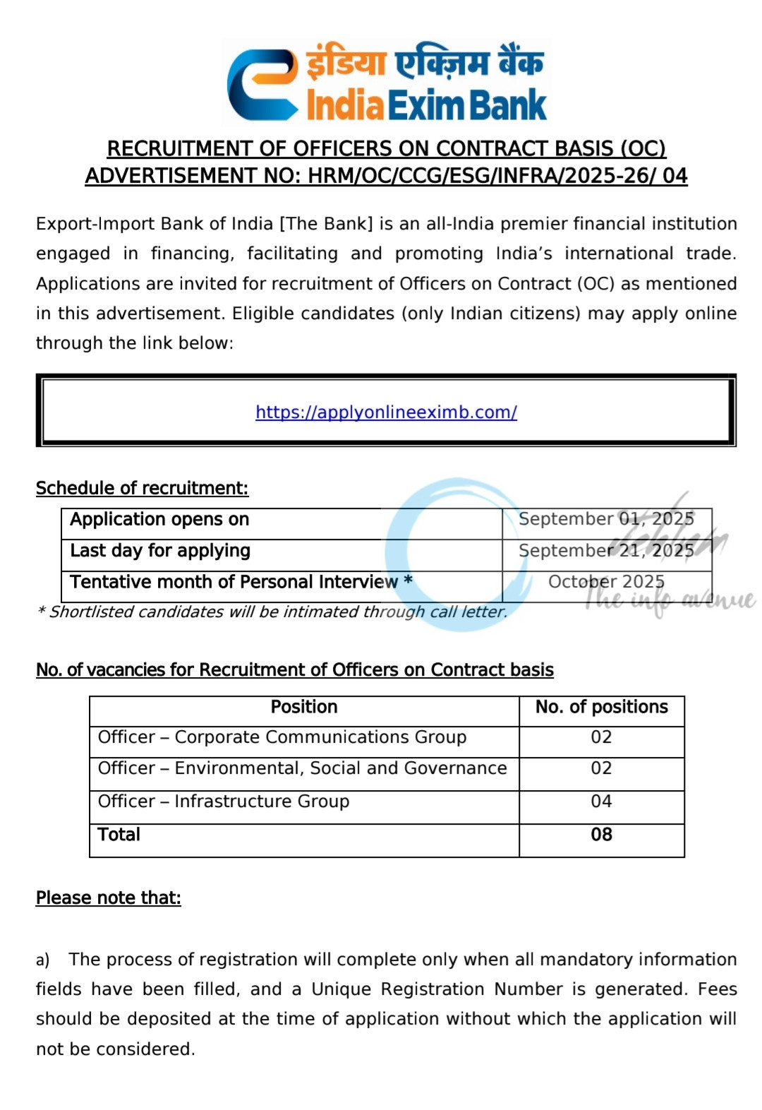India Exim Bank Contract Officers Recruitment HRM/OC/CCG/ESG/INFRA/2025-26/04
