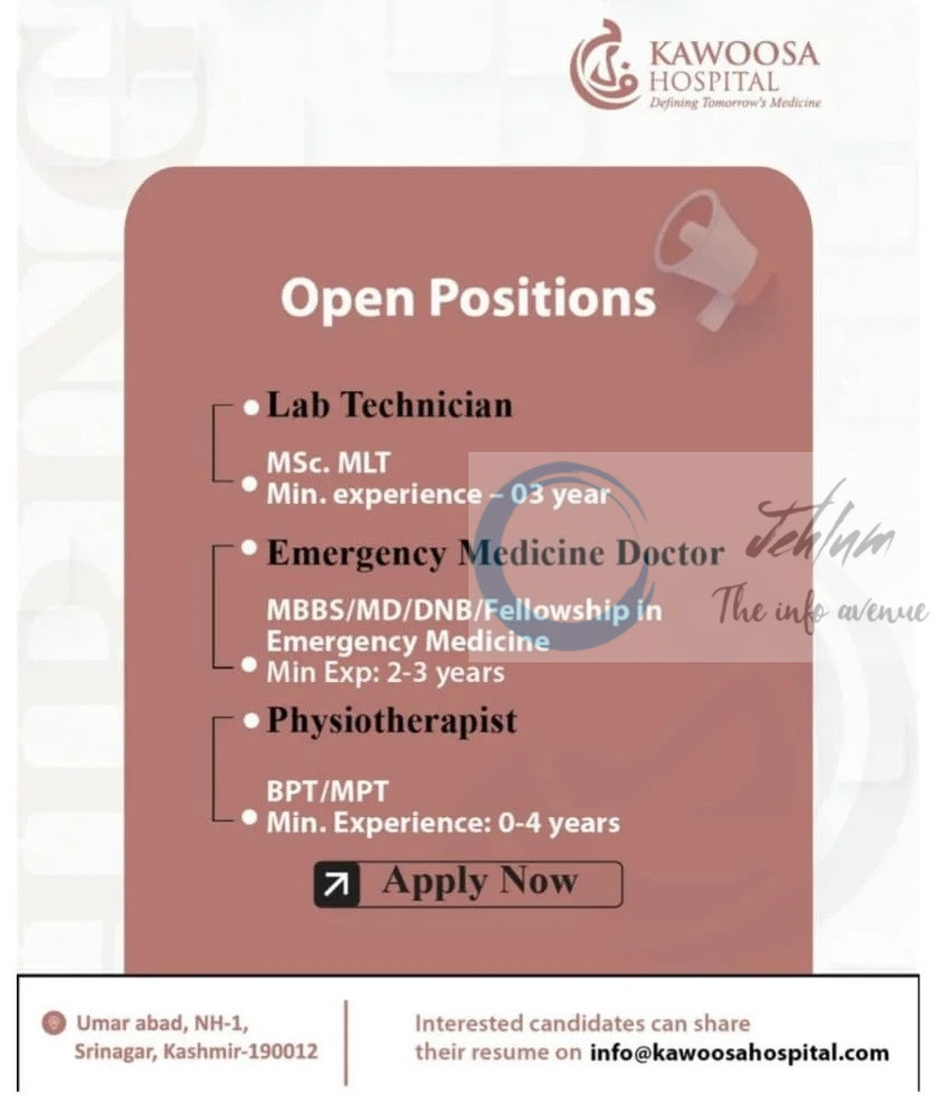 Kawoosa Hospital Srinagar Multiple Medical Jobs Opportunities Notification 2025