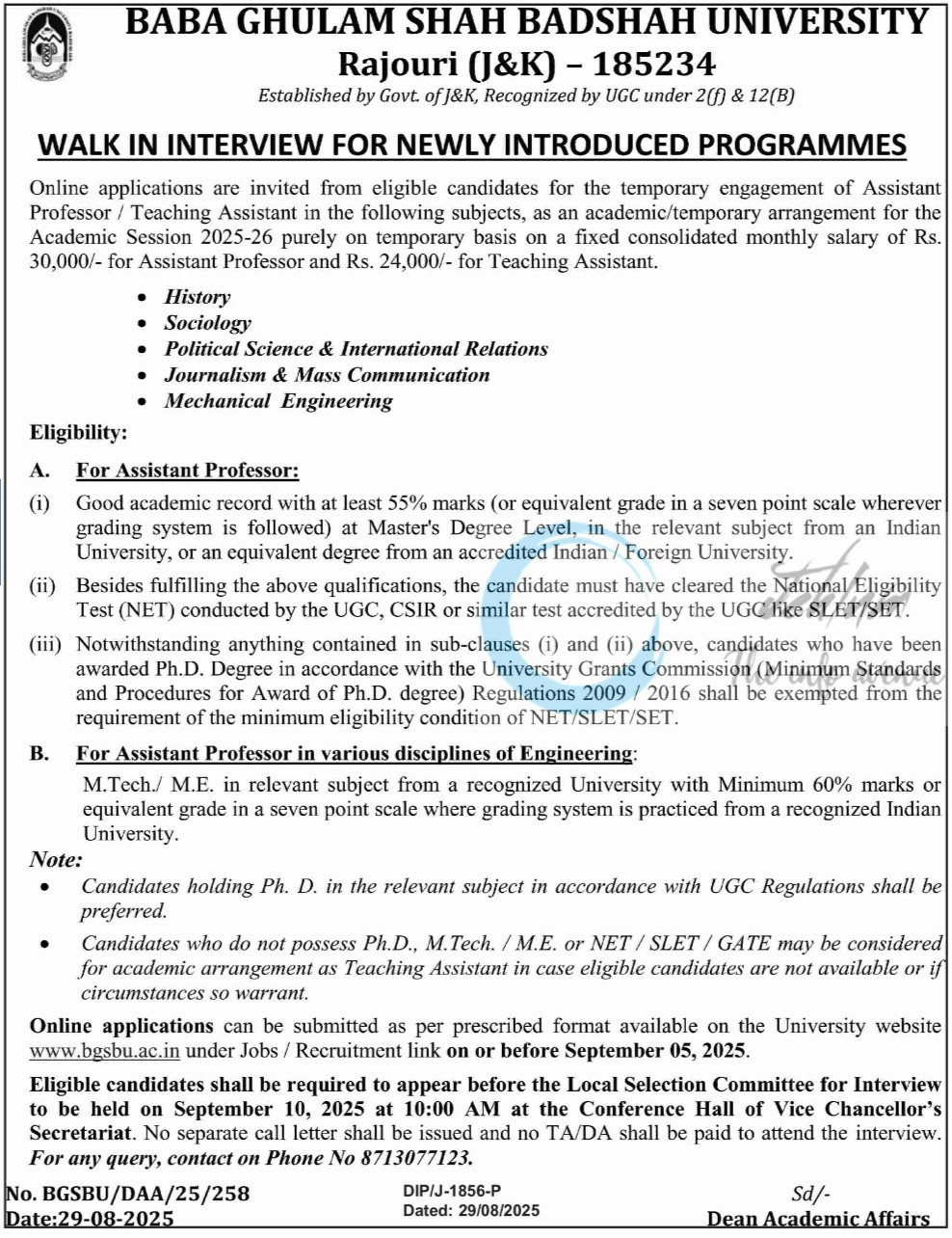 BGSBU Rajouri Assistant Professor Teaching Assistant Walk-in Advt No BGSBU/DAA/25/258
