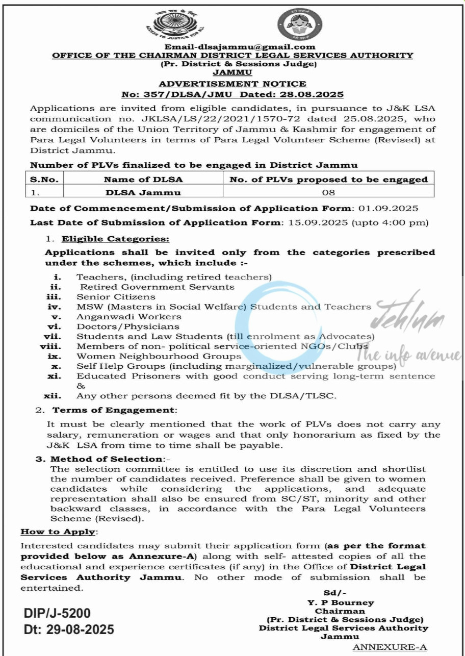 District Legal Services Authority Jammu Para Legal Volunteer PLV Opportunity Advt No 357/DLSA/JMU 2025
