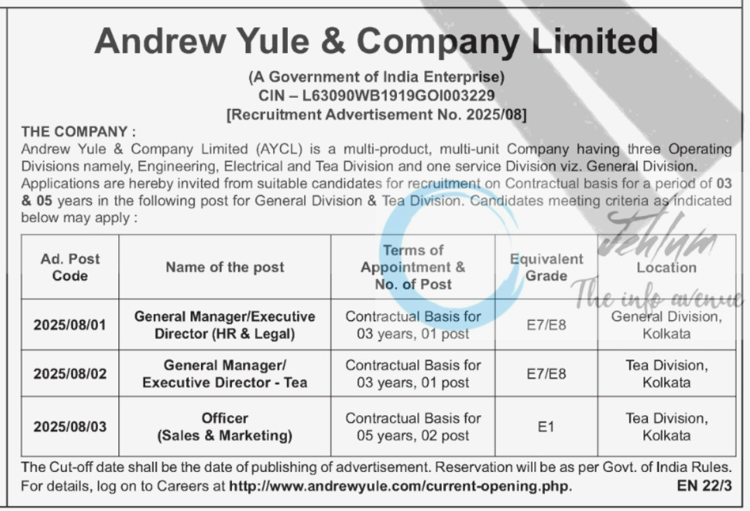 Andrew Yule & Co Limited Kolkata Contract Jobs Opportunities Recruitment Advertisement No 2025/08 2 Andrew Yule & Co Limited Kolkata Contract Jobs Opportunities Recruitment Advertisement No 2025/08