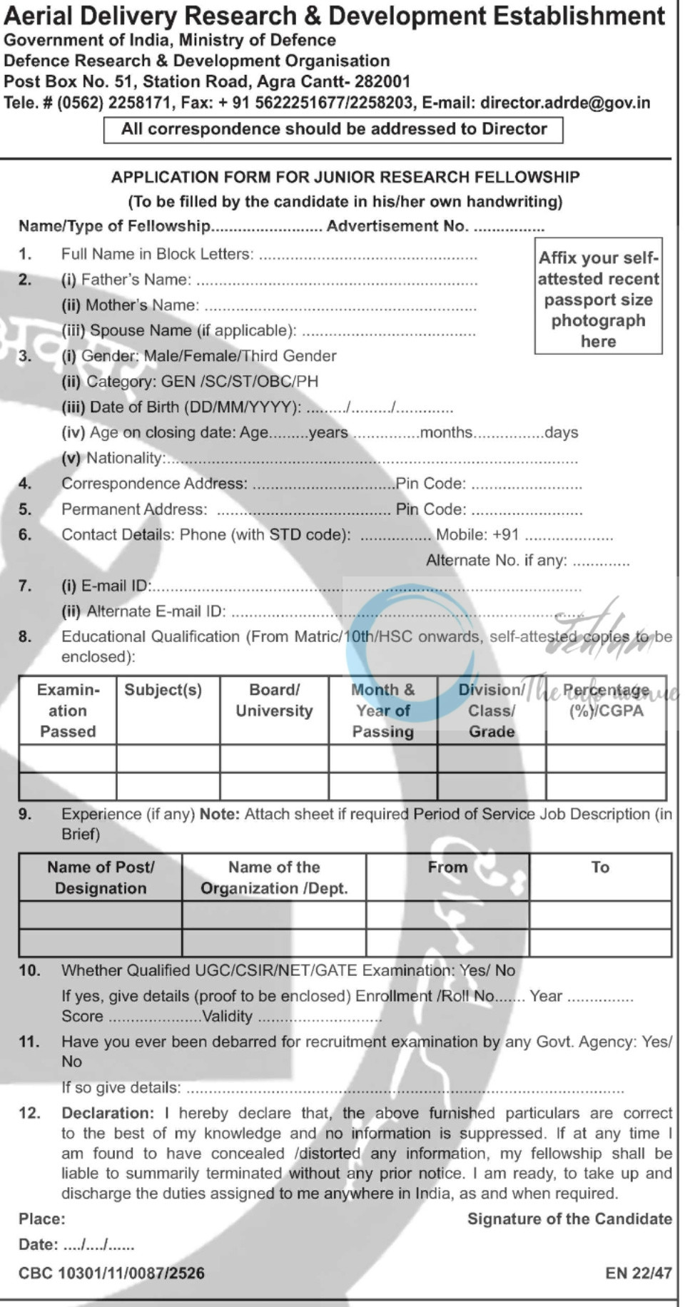 DRDO Aerial Delivery Research and Development Establishment ADRDE Agra Junior Research Fellow JRF Notification 2025