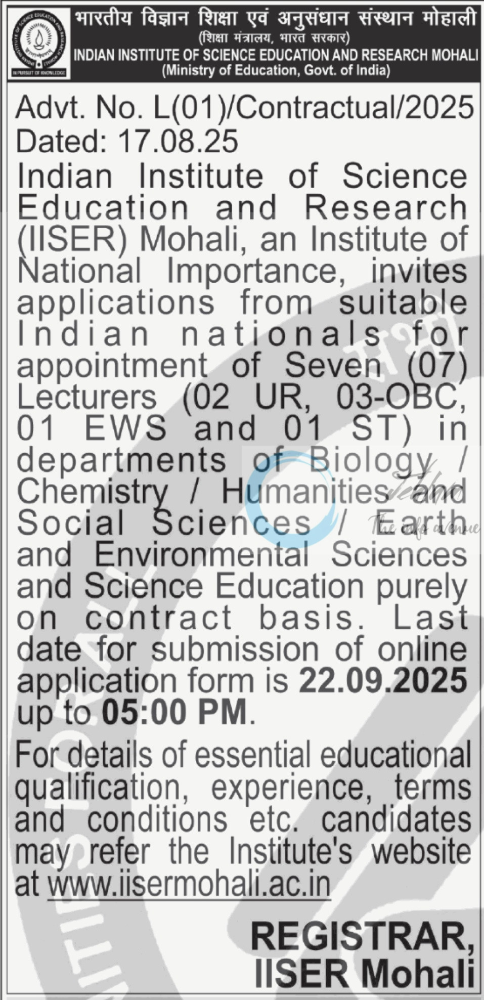 IISER Mohali Contract Lecturer Opportunities Recruitment Advt No L/01/Contractual/2025