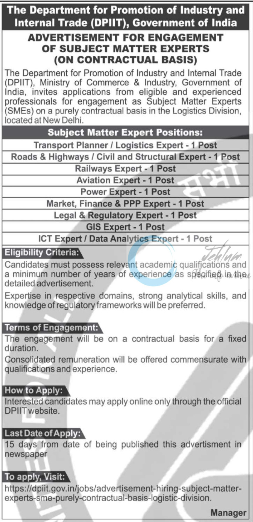 The Department for Promotion of Industry and Internal Trade DPIIT Logistics Division New Delhi Subject Matter Expert SME Jobs Opportunities 2025