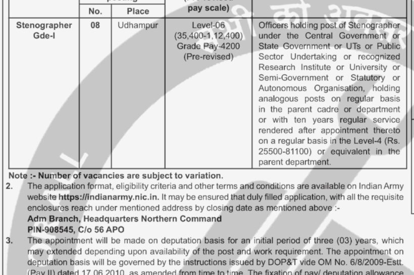 HQ Northern Command Udhampur Stenographer Grade-I Vacancy 2025 HQ Northern Command Udhampur Stenographer Grade-I Vacancy 2025