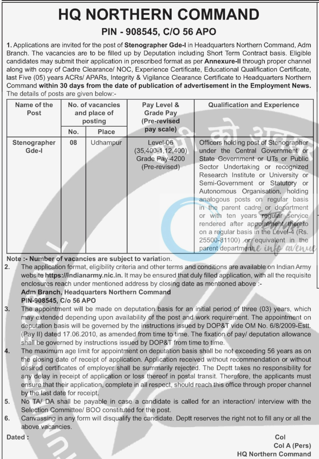 HQ Northern Command Udhampur Stenographer Grade-I Vacancy 2025