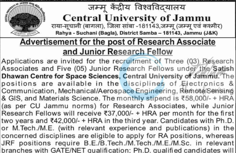 CENTRAL UNIVERSITY OF JAMMU CUJ SATISH DHAWAN CENTRE FOR SPACE SCIENCES JAMMU RA/JRF URGENT NOTICE CUJ/SDCSS/2025/185/186