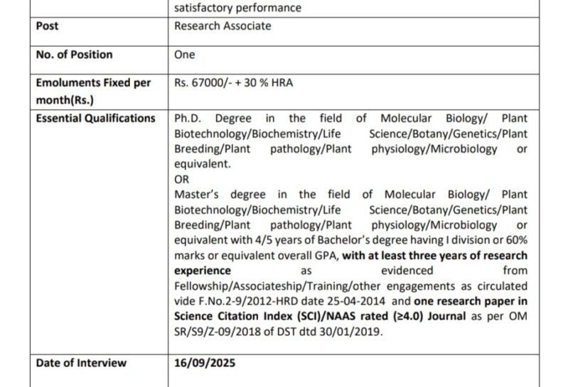 ICAR NATIONAL INSTITUTE PLANT BIOTECHNOLOGY NIPB NEW DELHI RA Walk IN INTERVIEW ADVERTISEMENT NO 2001-2014/373337/RA/2025 ICAR NATIONAL INSTITUTE PLANT BIOTECHNOLOGY NIPB NEW DELHI RA Walk IN INTERVIEW ADVERTISEMENT NO 2001-2014/373337/RA/2025