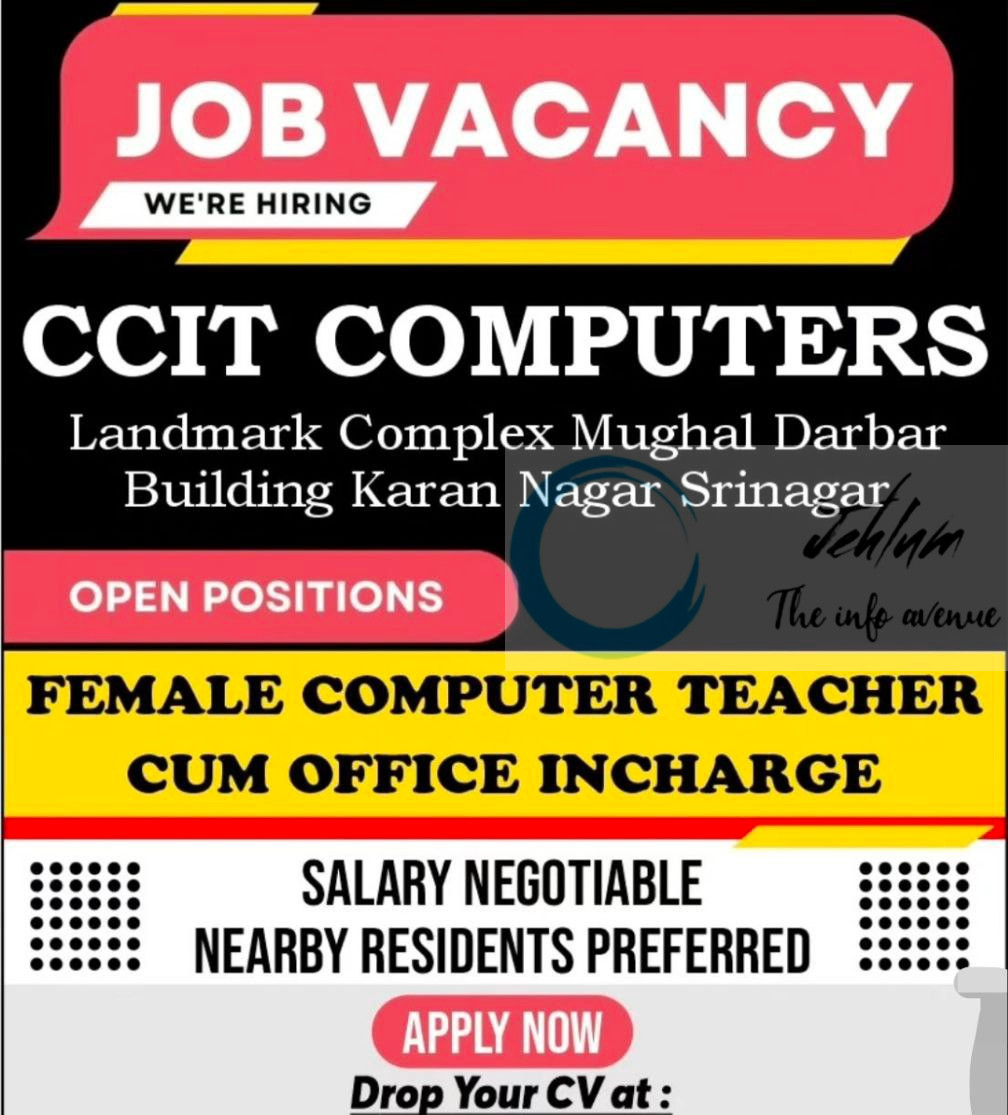 CCIT COMPUTERS SRINAGAR COMPUTER TEACHER CUM OFFICE INCHARGE AMAZING JOB OPPORTUNITY 2025