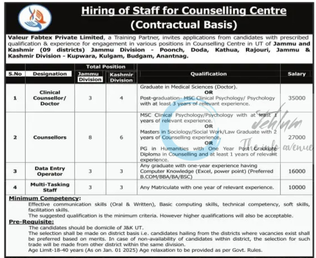 VALEUR FABTEX PRIVATE LIMITED VFPL COUNSELLING CENTRE J AND K COUNSELLORS/DATA ENTRY OPERATORS HIRING AMAZING OPPORTUNITY 2025