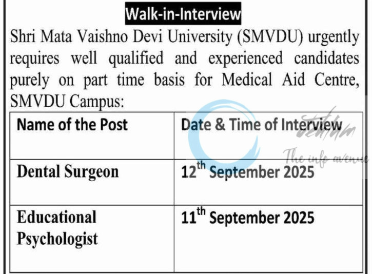SHRI MATA VAISHNO DEVI UNIVERSITY SMVDU KATRA JOB OPPORTUNITIES WALK IN SMVDU/Adm/Estt/NT/25/701