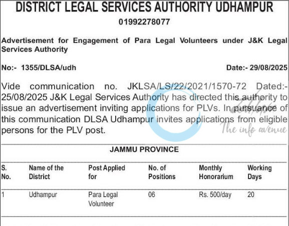 District Legal Services Authority DLSA Udhampur PLV job opportunities notice 1355/DLSA/udh