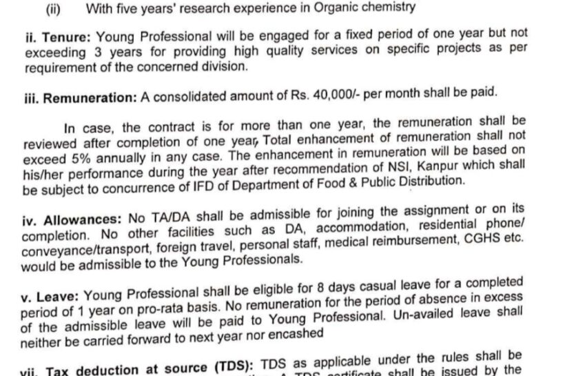National Sugar Institute NSI Kanpur Deptt of Food Public Distribution Young Professional Organic Chemistry Job Vacancy Urgent Requirement 2025