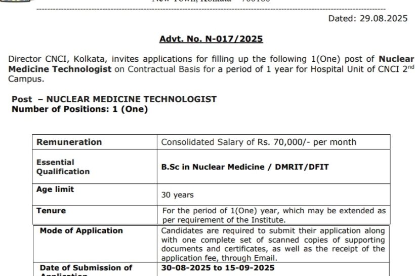CHITTARANJAN NATIONAL CANCER INSTITUTE CNCI KOLKATA NUCLEAR MEDICINE TECHNOLOGIST JOB OPPORTUNITIES NOTICE 17/2025