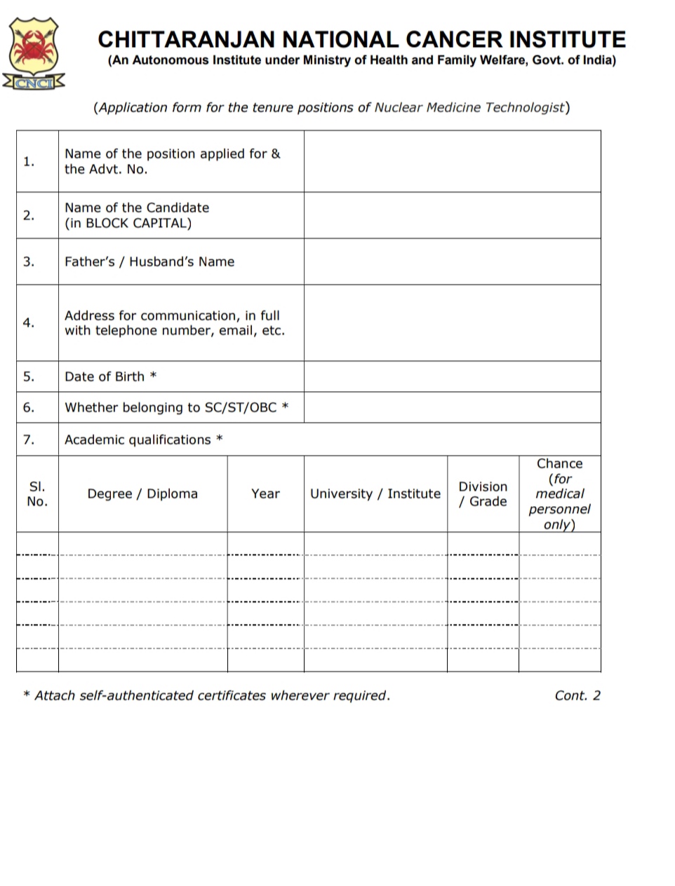 CHITTARANJAN NATIONAL CANCER INSTITUTE CNCI KOLKATA NUCLEAR MEDICINE TECHNOLOGIST JOB OPPORTUNITIES NOTICE 17/2025