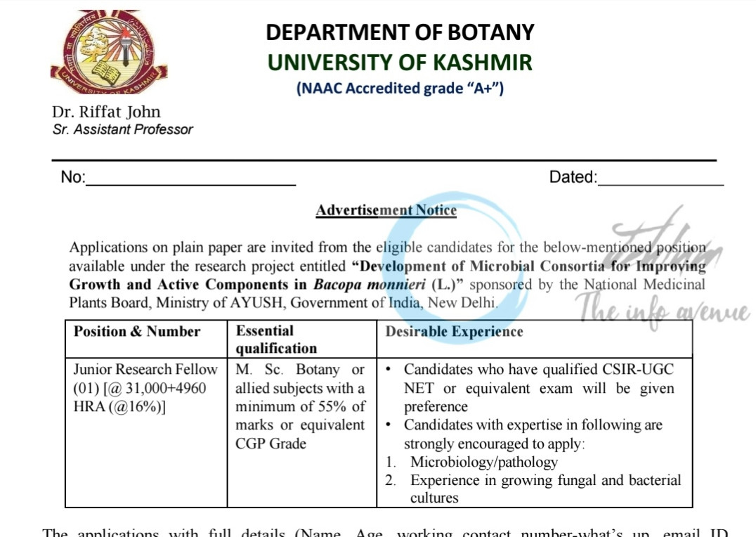 Kashmir University Dept of Botany Junior Research Fellow JRF Opportunities Advertisement 2025