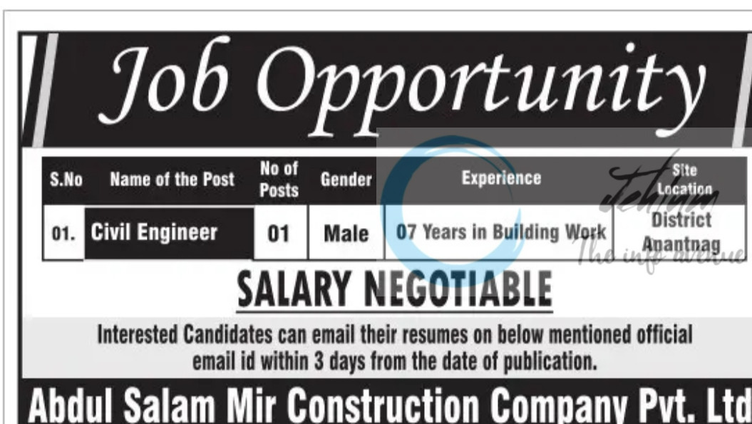 ABDUL SALAM MIR CONSTRUCTION COMPANY ASMCC PVT LTD ANANTNAG CIVIL ENGINEER JOB OPPORTUNITIES 2025