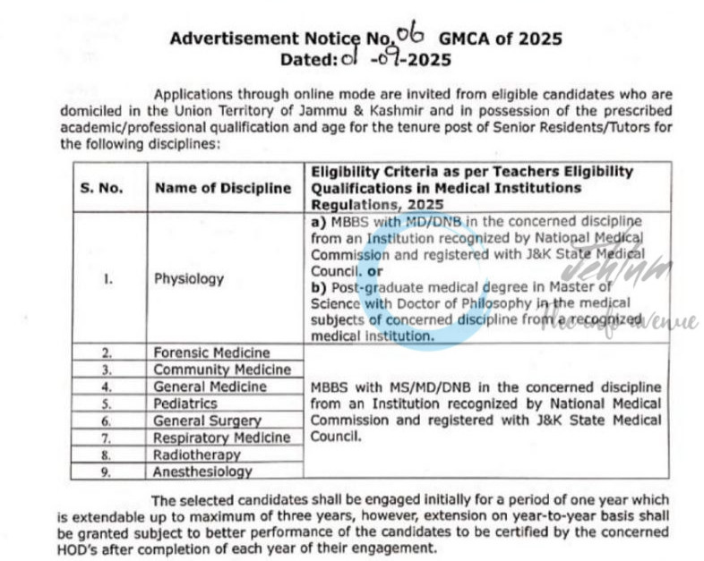 GOVERNMENT MEDICAL COLLEGE ANANTNAG GMCA SENIOR RESIDENTS JOB OPPORTUNITIES NOTICE 06 of 2025
