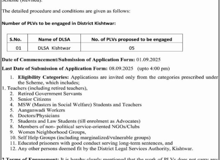 DISTRICT LEGAL SERVICES AUTHORITY KISHTWAR DLSAK PLVs JOB OPPORTUNITIES 438-49/DLSAK DISTRICT LEGAL SERVICES AUTHORITY KISHTWAR DLSAK PLVs JOB OPPORTUNITIES 438-49/DLSAK