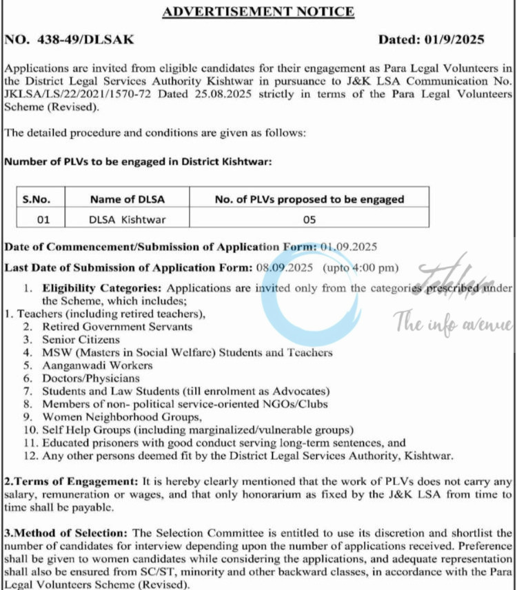 DISTRICT LEGAL SERVICES AUTHORITY KISHTWAR DLSAK PLVs JOB OPPORTUNITIES 438-49/DLSAK