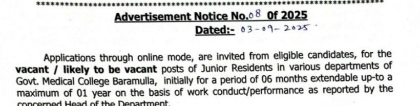 GOVERNMENT MEDICAL COLLEGE GMC BARAMULLA JUNIOR RESIDENTS JOB OPPORTUNITIES NOTICE 08 of 2025