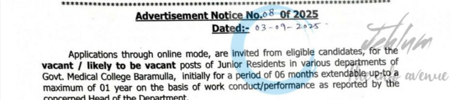 GOVERNMENT MEDICAL COLLEGE GMC BARAMULLA JUNIOR RESIDENTS JOB OPPORTUNITIES NOTICE 08 of 2025