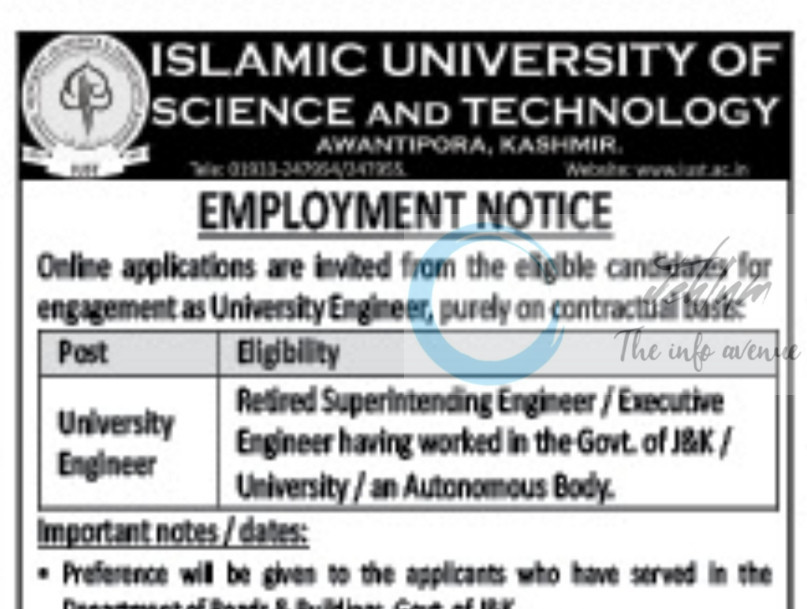 ISLAMIC UNIVERSITY OF SCIENCE AND TECHNOLOGY IUST AWANTIPORA ENGINEER JOB ALERT NOTICE DIPK-NB-1849-25 2025