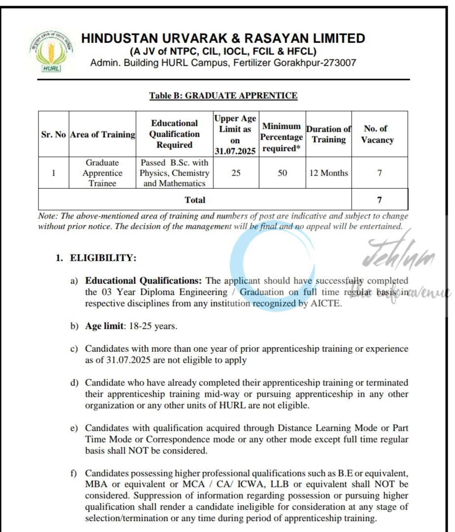 HINDUSTAN URVARAK AND RASAYAN LIMITED HURL GORAKHPUR APPRENTICE OPPORTUNITIES NOTICE HURL/GKP/APP/25-26/01