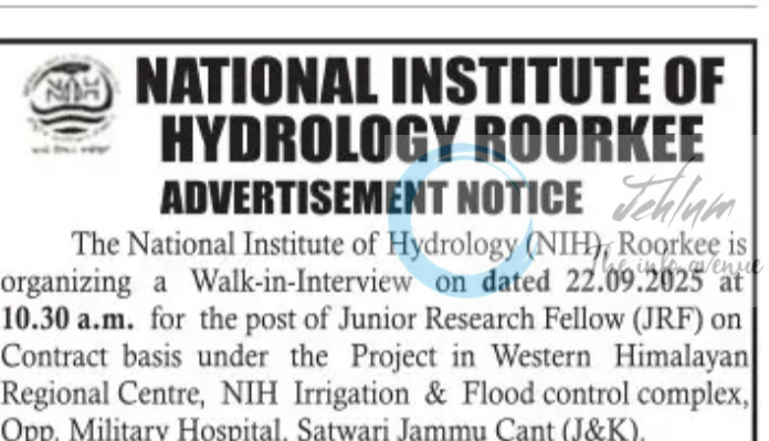 NATIONAL INSTITUTE OF HYDROLOGY NIH JAMMU JRF JOB OPPORTUNITIES NOTICE Project/Advt/44/2025-NIH