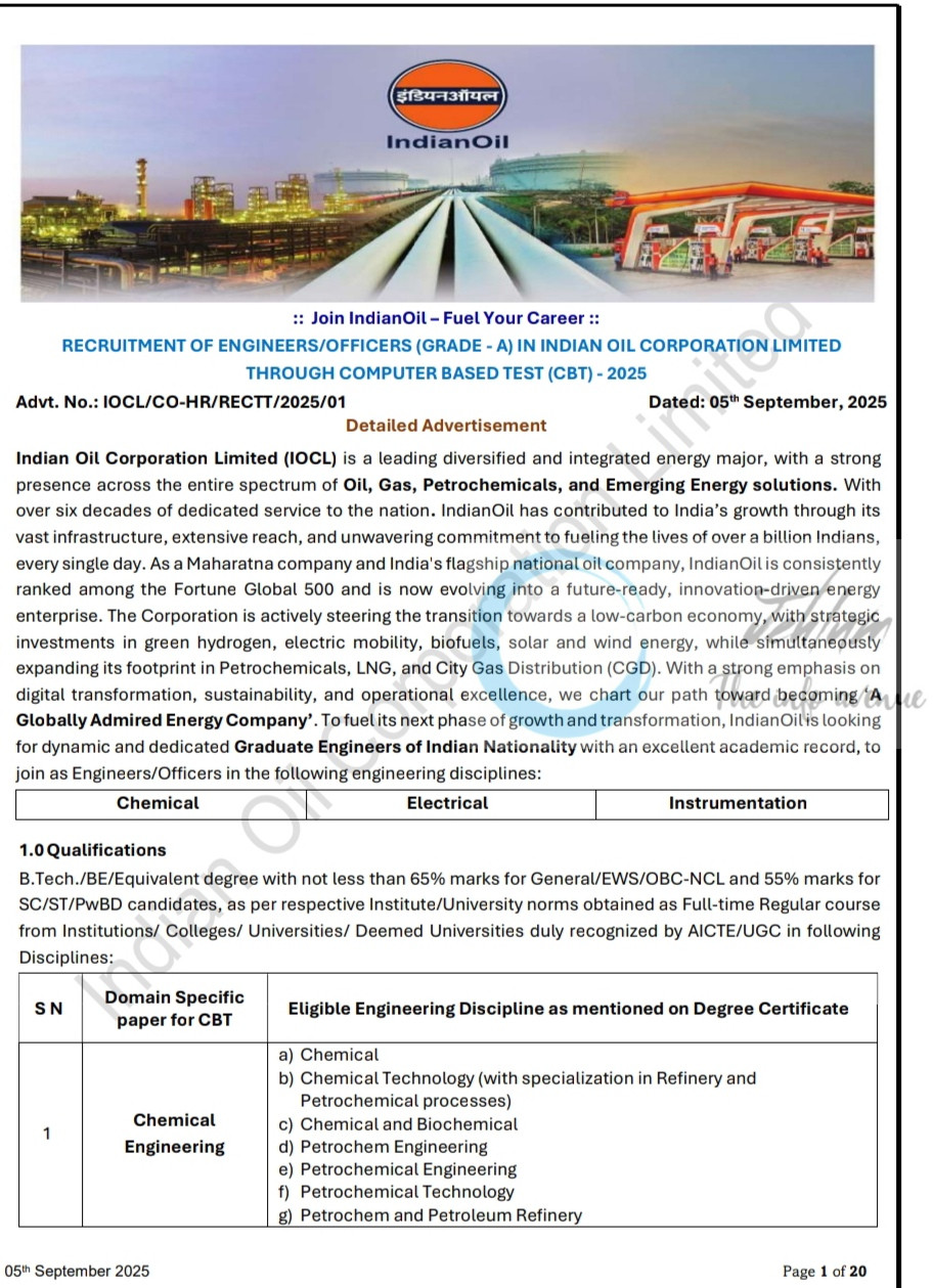 INDIAN OIL CORPORATION LIMITED IOCL ENGINEERING JOB OPPORTUNITIES NOTICE IOCL/CO/HR/RECTT-2025/01