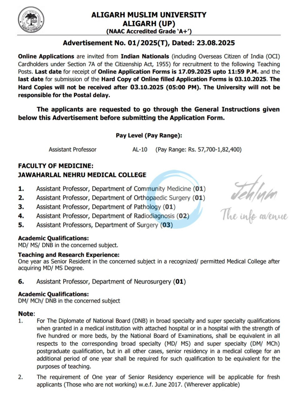 ALIGARH MUSLIM UNIVERSITY AMU JAWAHARLAL NEHRU MEDICAL COLLEGE AP JOB OPPORTUNITIES NOTICE 01/2025(T)