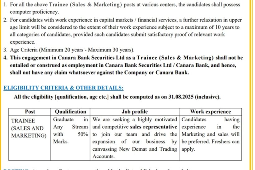 CANARA BANK SECURITIES LTD CBSL MUMBAI TRAINEE SALES MARKETING JOB OPPORTUNITIES NOTICE 2025