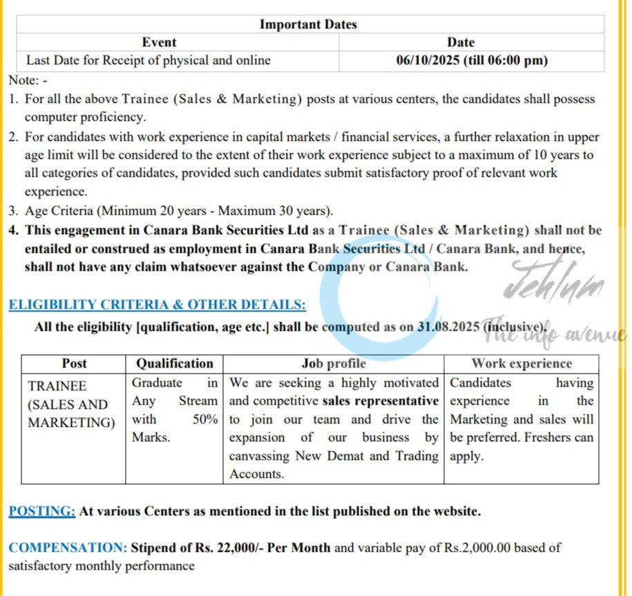 CANARA BANK SECURITIES LTD CBSL MUMBAI TRAINEE SALES MARKETING JOB OPPORTUNITIES NOTICE 2025