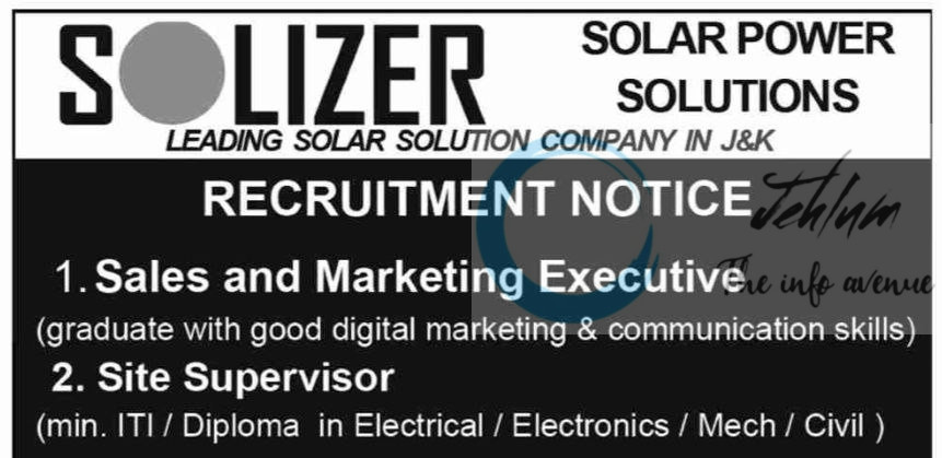 SOLIZER SOLAR SOLUTIONS JAMMU SALES MARKETING EXECUTIVE/SITE SUPERVISOR JOB OPPORTUNITIES 2025