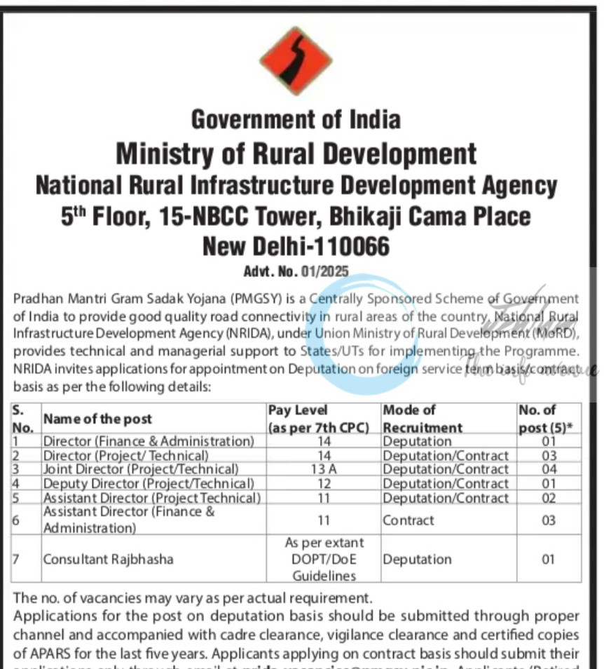 NATIONAL RURAL INFRASTRUCTURE DEVELOPMENT AGENCY NRIDA JOB OPPORTUNITIES NOTICE 2025